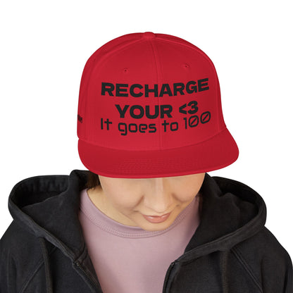 "RECHARGE YOUR <3 It Goes to 100" (Recharge your heart it goes to 100) Snapback Cap, Embroidered Hat, Casual Streetwear, Gift for Him/Her (Many color variants)