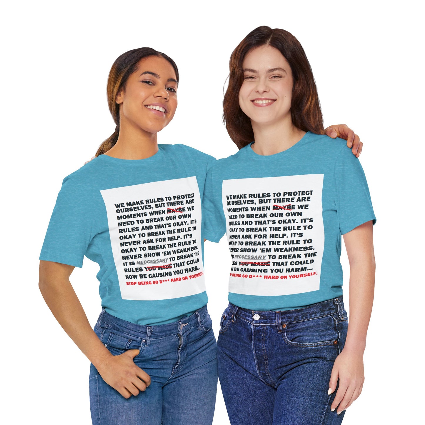 Rule Breaker Motivational Messaging Variants of Blue "STOP BEING SO D*** HARD ON YOURSELF." Unisex Jersey Short Sleeve Tee (Color Group 4of4)