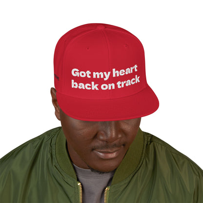 White Font "Got my heart back on track" Snapback Cap, Embroidered Hat, Casual Streetwear, (Many color variants)