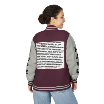 From Here On Have Hope Inspired Unisex Heavyweight Letterman Jacket - Empowering Message "You know D*** well you can do it." Comes in many color variants!