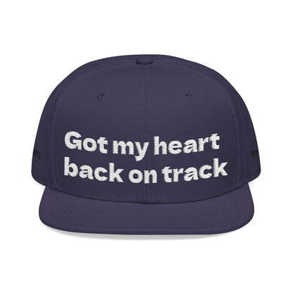 White Font "Got my heart back on track" Snapback Cap, Embroidered Hat, Casual Streetwear, (Many color variants)