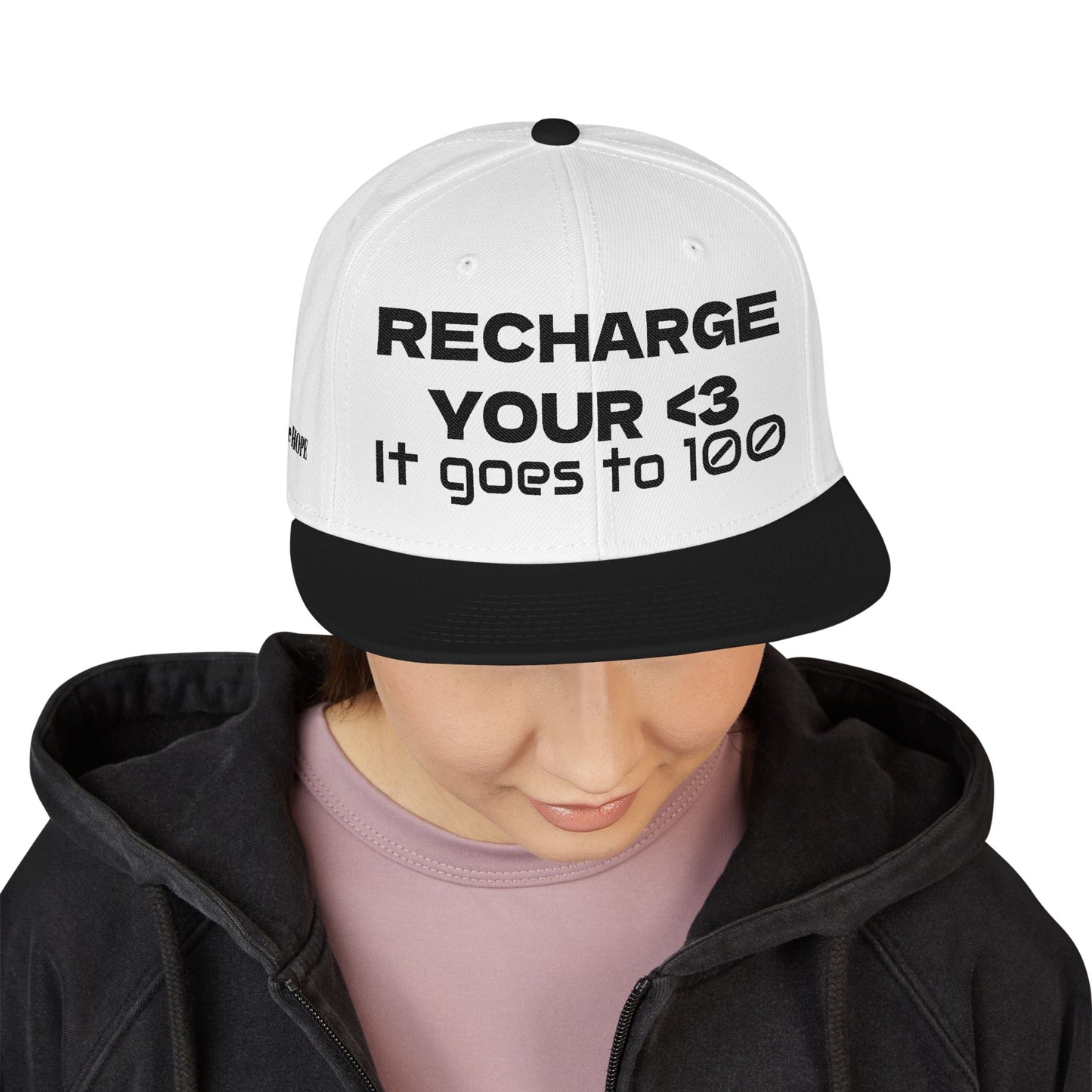 "RECHARGE YOUR <3 It Goes to 100" (Recharge your heart it goes to 100) Snapback Cap, Embroidered Hat, Casual Streetwear, Gift for Him/Her (Many color variants)