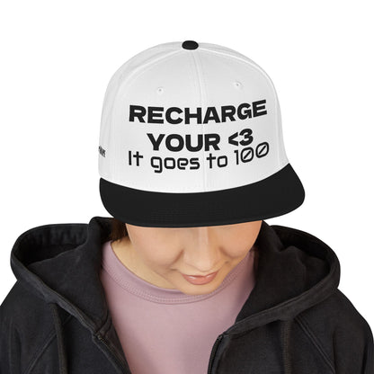 "RECHARGE YOUR <3 It Goes to 100" (Recharge your heart it goes to 100) Snapback Cap, Embroidered Hat, Casual Streetwear, Gift for Him/Her (Many color variants)