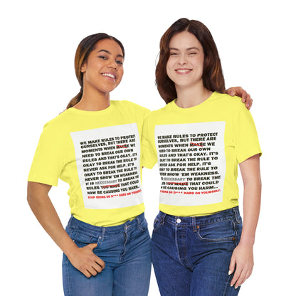 Rule Breaker Motivational Messaging Variants are in Pink, Red, Cream, Yellow, Orange, and Brown "STOP BEING SO D*** HARD ON YOURSELF." Unisex Jersey Short Sleeve Tee (Color Group 2of4)