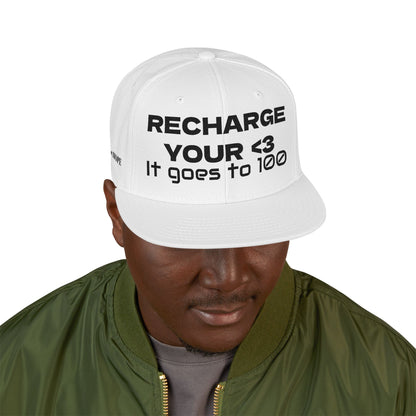 "RECHARGE YOUR <3 It Goes to 100" (Recharge your heart it goes to 100) Snapback Cap, Embroidered Hat, Casual Streetwear, Gift for Him/Her (Many color variants)