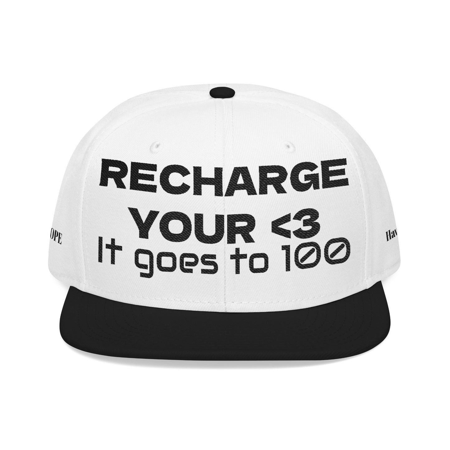 "RECHARGE YOUR <3 It Goes to 100" (Recharge your heart it goes to 100) Snapback Cap, Embroidered Hat, Casual Streetwear, Gift for Him/Her (Many color variants)