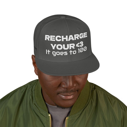White Font "RECHARGE YOUR <3 It Goes to 100" (Recharge your heart it goes to 100) Snapback Cap, Embroidered Hat, Casual Streetwear, Gift for Him/Her (Many color variants)