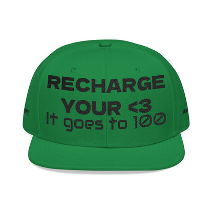 "RECHARGE YOUR <3 It Goes to 100" (Recharge your heart it goes to 100) Snapback Cap, Embroidered Hat, Casual Streetwear, Gift for Him/Her (Many color variants)