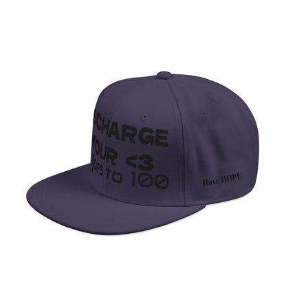 "RECHARGE YOUR <3 It Goes to 100" (Recharge your heart it goes to 100) Snapback Cap, Embroidered Hat, Casual Streetwear, Gift for Him/Her (Many color variants)