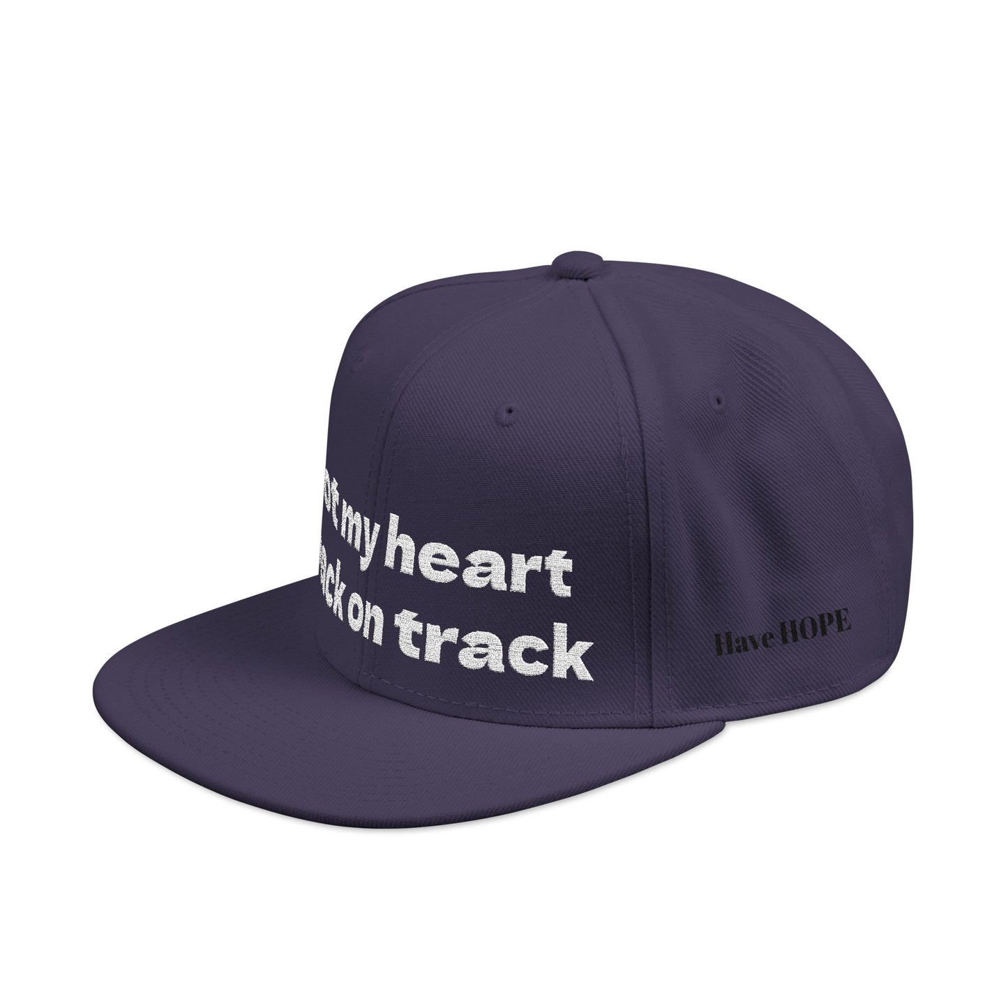 White Font "Got my heart back on track" Snapback Cap, Embroidered Hat, Casual Streetwear, (Many color variants)