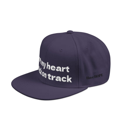 White Font "Got my heart back on track" Snapback Cap, Embroidered Hat, Casual Streetwear, (Many color variants)