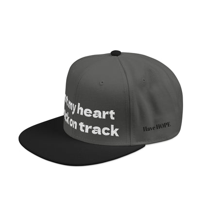 White Font "Got my heart back on track" Snapback Cap, Embroidered Hat, Casual Streetwear, (Many color variants)