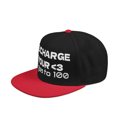 White Font "RECHARGE YOUR <3 It Goes to 100" (Recharge your heart it goes to 100) Snapback Cap, Embroidered Hat, Casual Streetwear, Gift for Him/Her (Many color variants)