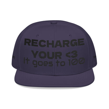 "RECHARGE YOUR <3 It Goes to 100" (Recharge your heart it goes to 100) Snapback Cap, Embroidered Hat, Casual Streetwear, Gift for Him/Her (Many color variants)