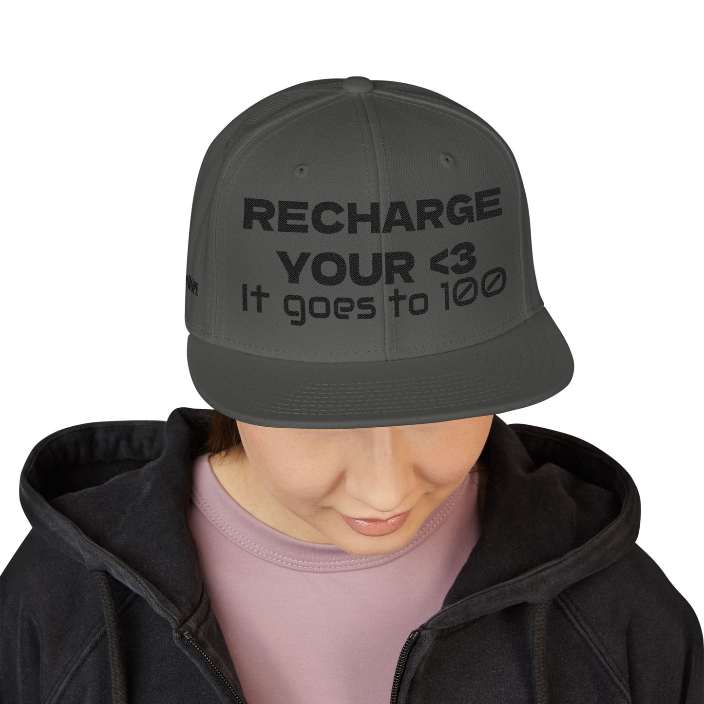 "RECHARGE YOUR <3 It Goes to 100" (Recharge your heart it goes to 100) Snapback Cap, Embroidered Hat, Casual Streetwear, Gift for Him/Her (Many color variants)