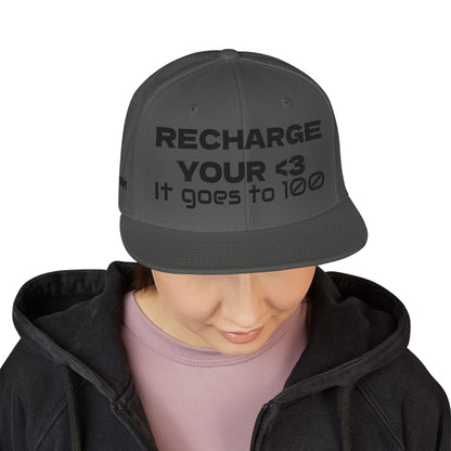 "RECHARGE YOUR <3 It Goes to 100" (Recharge your heart it goes to 100) Snapback Cap, Embroidered Hat, Casual Streetwear, Gift for Him/Her (Many color variants)