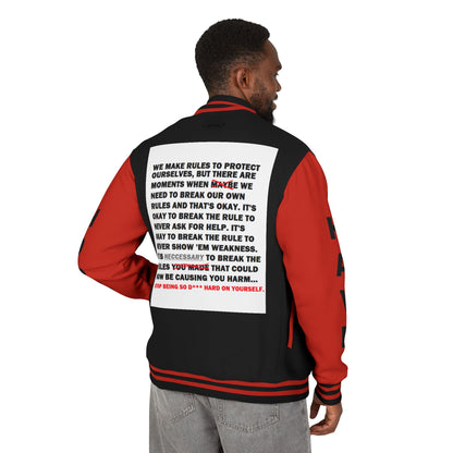 Rule Breaker Have Hope Inspired Unisex Heavyweight Letterman Jacket - Empowering Message "STOP BEING SO D*** HARD ON YOURSELF." Comes in many color variants!