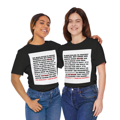 Rule Breaker Motivational Messaging Variants are White, Grey, Black "STOP BEING SO D*** HARD ON YOURSELF." Unisex Jersey Short Sleeve Tee (Color Group 1of4)