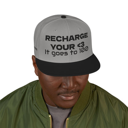 "RECHARGE YOUR <3 It Goes to 100" (Recharge your heart it goes to 100) Snapback Cap, Embroidered Hat, Casual Streetwear, Gift for Him/Her (Many color variants)