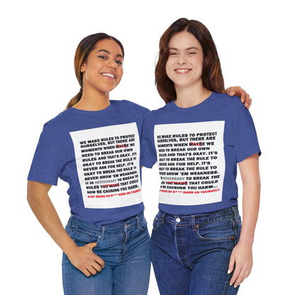 Rule Breaker Motivational Messaging Variants of Blue "STOP BEING SO D*** HARD ON YOURSELF." Unisex Jersey Short Sleeve Tee (Color Group 4of4)