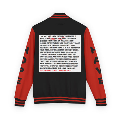 From Here On Have Hope Inspired Unisex Heavyweight Letterman Jacket - Empowering Message "You know D*** well you can do it." Comes in many color variants!