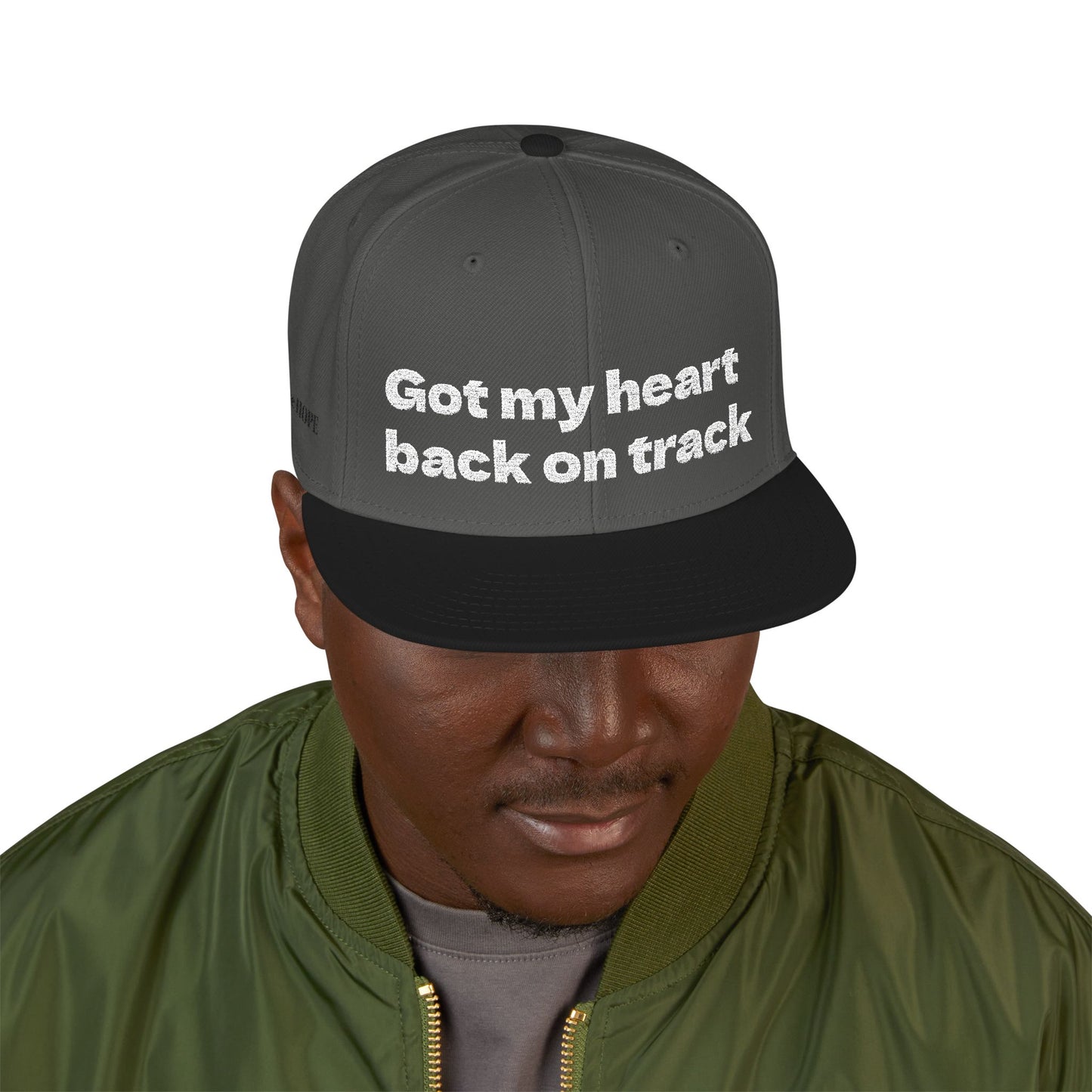 White Font "Got my heart back on track" Snapback Cap, Embroidered Hat, Casual Streetwear, (Many color variants)