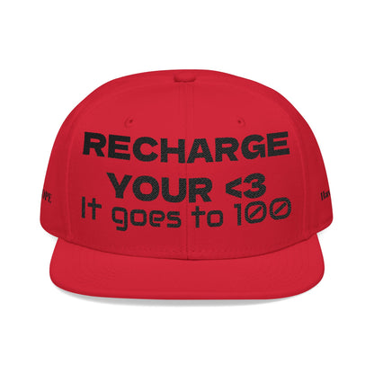"RECHARGE YOUR <3 It Goes to 100" (Recharge your heart it goes to 100) Snapback Cap, Embroidered Hat, Casual Streetwear, Gift for Him/Her (Many color variants)