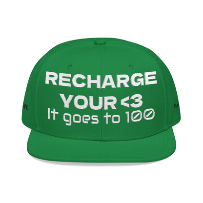 White Font "RECHARGE YOUR <3 It Goes to 100" (Recharge your heart it goes to 100) Snapback Cap, Embroidered Hat, Casual Streetwear, Gift for Him/Her (Many color variants)