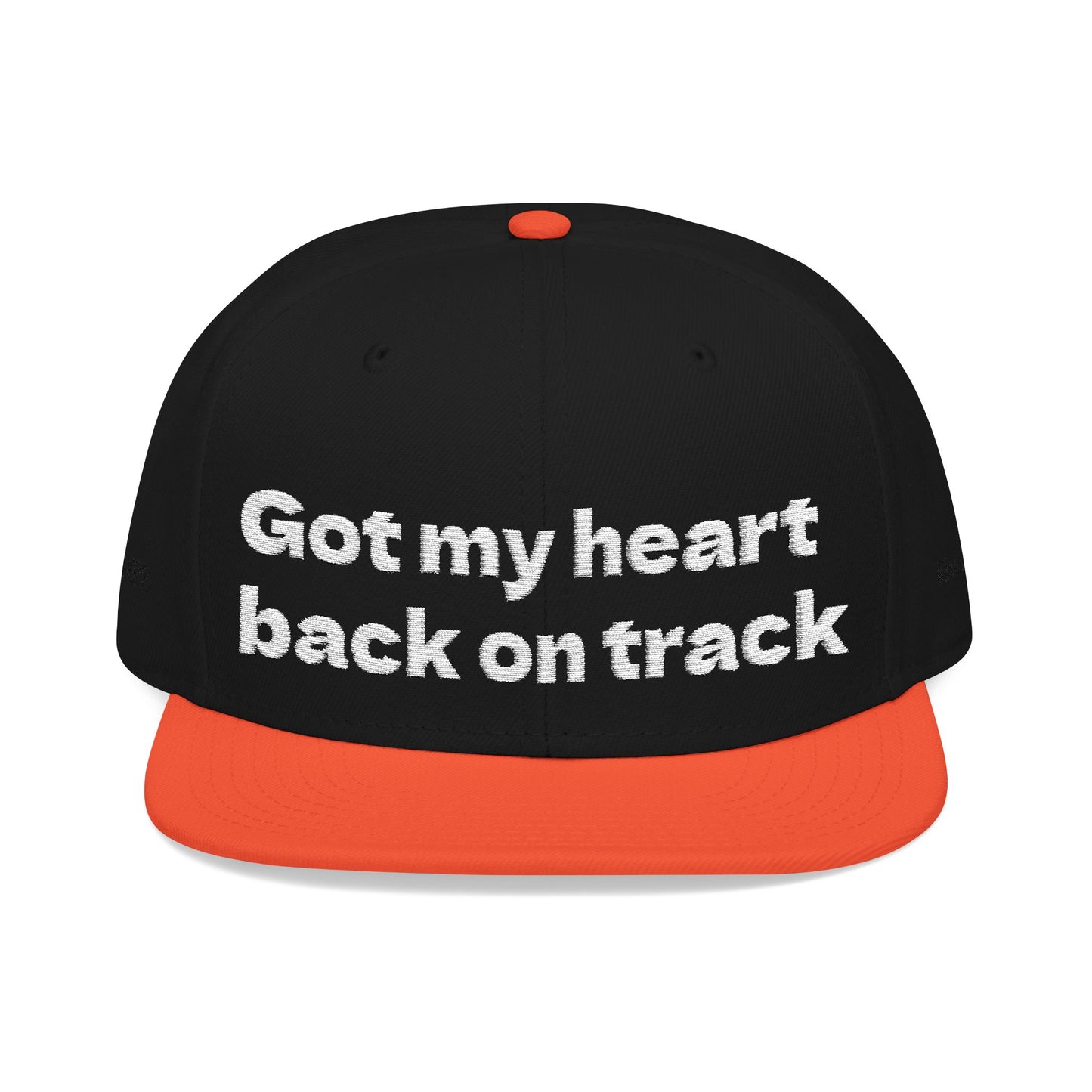 White Font "Got my heart back on track" Snapback Cap, Embroidered Hat, Casual Streetwear, (Many color variants)