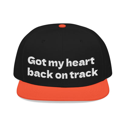 White Font "Got my heart back on track" Snapback Cap, Embroidered Hat, Casual Streetwear, (Many color variants)