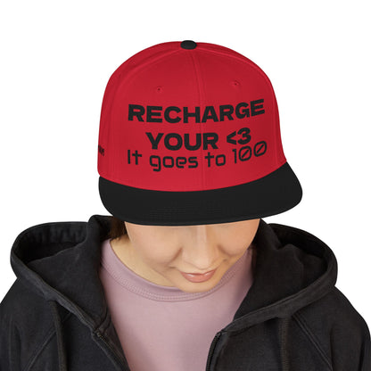 "RECHARGE YOUR <3 It Goes to 100" (Recharge your heart it goes to 100) Snapback Cap, Embroidered Hat, Casual Streetwear, Gift for Him/Her (Many color variants)