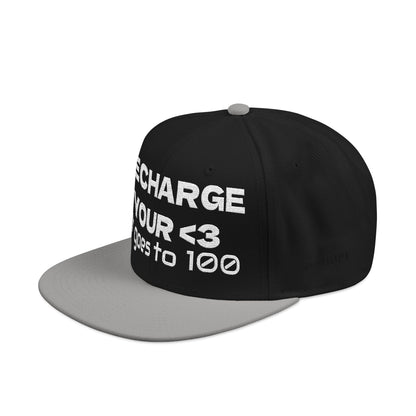 White Font "RECHARGE YOUR <3 It Goes to 100" (Recharge your heart it goes to 100) Snapback Cap, Embroidered Hat, Casual Streetwear, Gift for Him/Her (Many color variants)