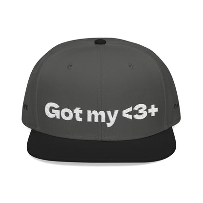 White Font "Got My <3 +" (Got My Heart Positive) Snapback Cap, Embroidered Hat, Casual Streetwear, Gift for Him/Her, (Many color variants)