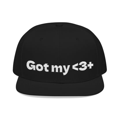 White Font "Got My <3 +" (Got My Heart Positive) Snapback Cap, Embroidered Hat, Casual Streetwear, Gift for Him/Her, (Many color variants)