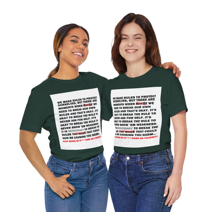 Rule Breaker Motivational Messaging Variants of Green "STOP BEING SO D*** HARD ON YOURSELF." Unisex Jersey Short Sleeve Tee (Color Group 3of4)