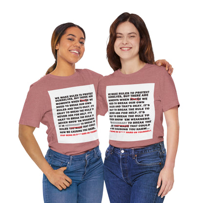 Rule Breaker Motivational Messaging Variants are in Pink, Red, Cream, Yellow, Orange, and Brown "STOP BEING SO D*** HARD ON YOURSELF." Unisex Jersey Short Sleeve Tee (Color Group 2of4)