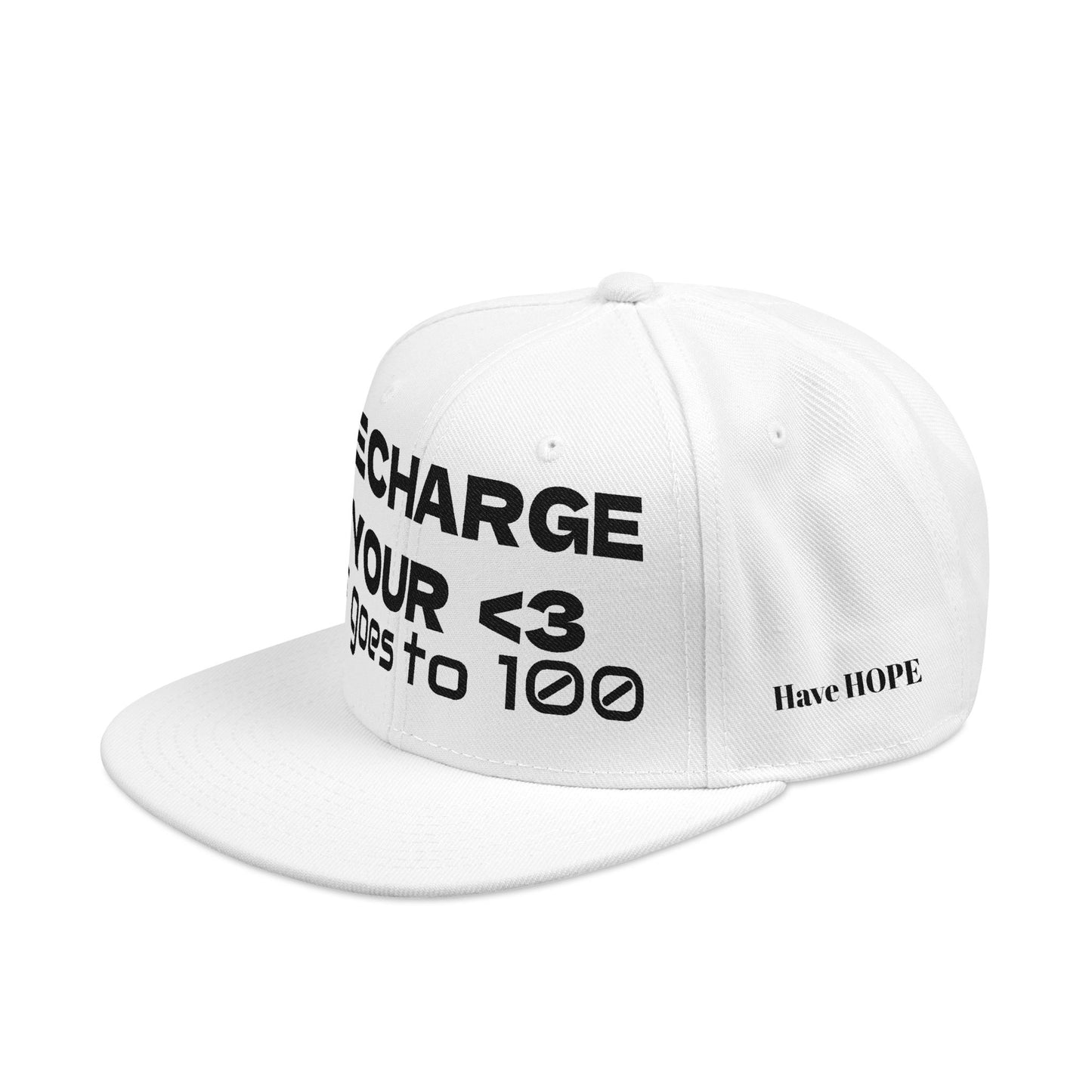 "RECHARGE YOUR <3 It Goes to 100" (Recharge your heart it goes to 100) Snapback Cap, Embroidered Hat, Casual Streetwear, Gift for Him/Her (Many color variants)