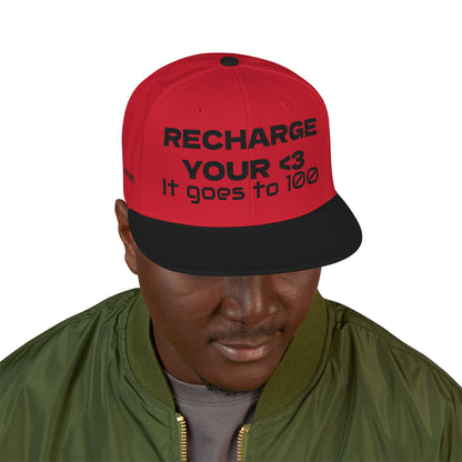 "RECHARGE YOUR <3 It Goes to 100" (Recharge your heart it goes to 100) Snapback Cap, Embroidered Hat, Casual Streetwear, Gift for Him/Her (Many color variants)