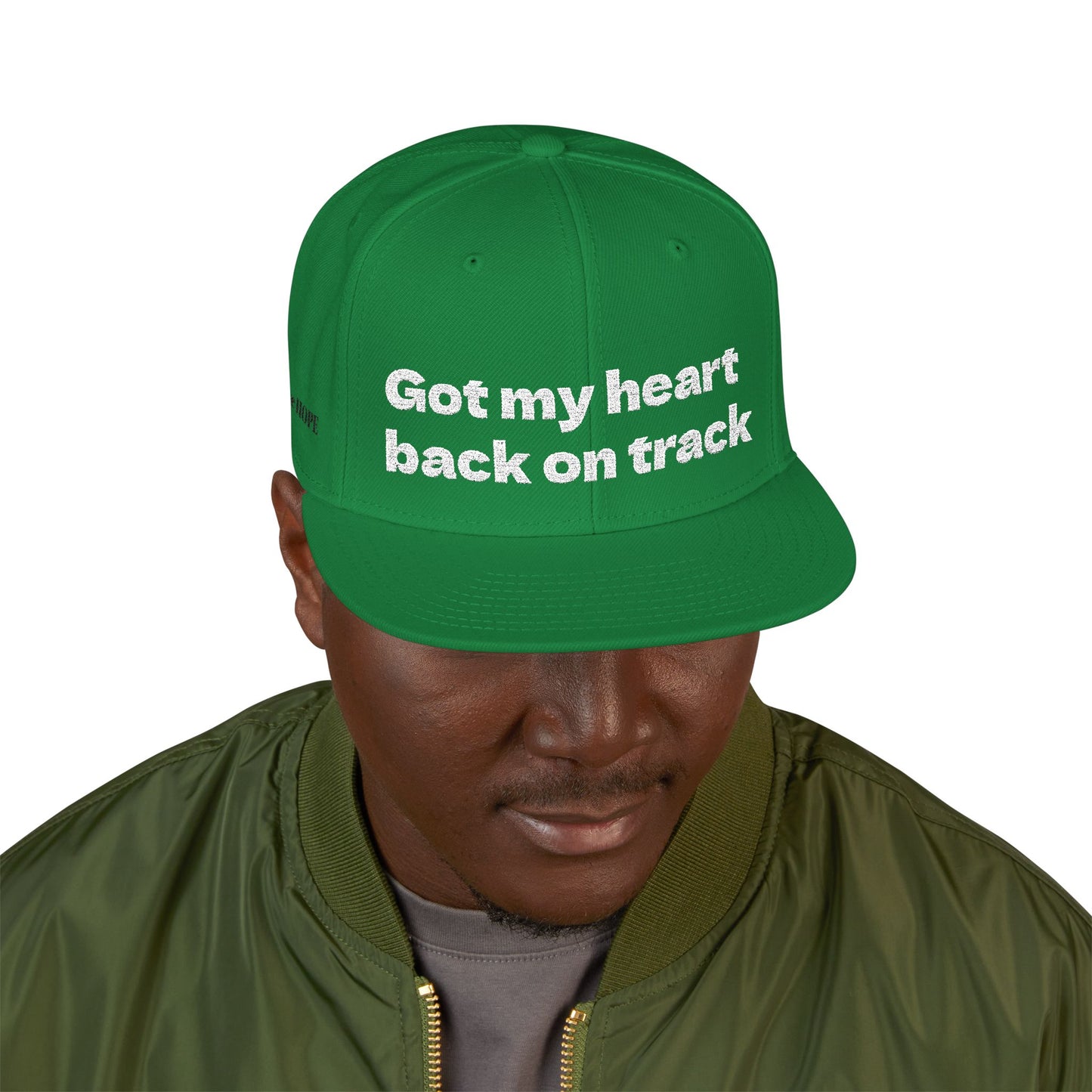 White Font "Got my heart back on track" Snapback Cap, Embroidered Hat, Casual Streetwear, (Many color variants)