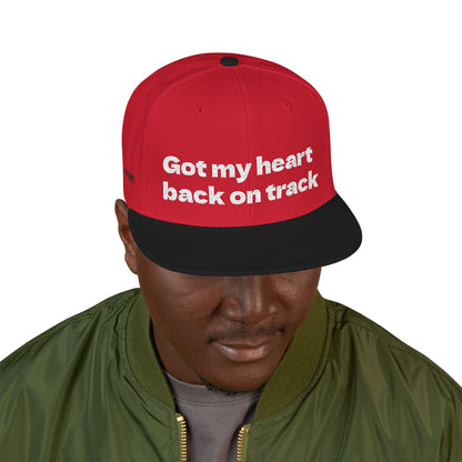 White Font "Got my heart back on track" Snapback Cap, Embroidered Hat, Casual Streetwear, (Many color variants)