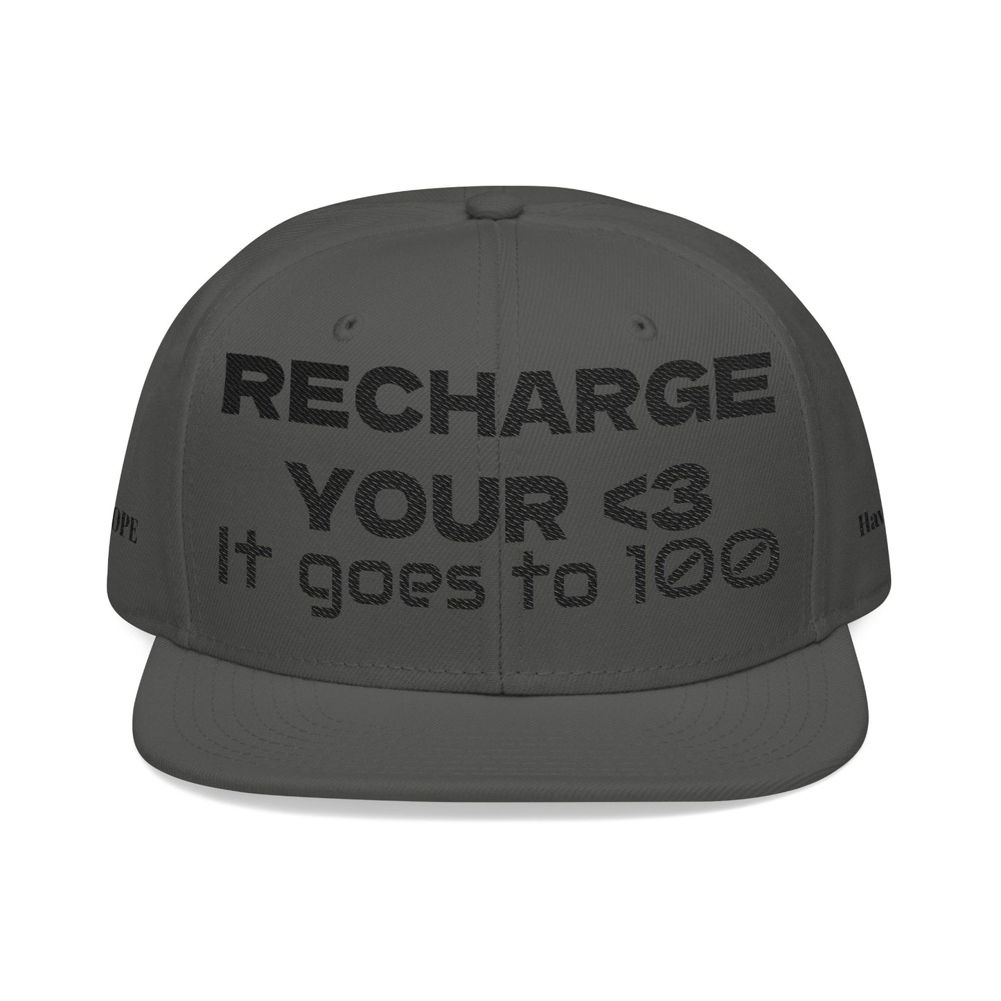 "RECHARGE YOUR <3 It Goes to 100" (Recharge your heart it goes to 100) Snapback Cap, Embroidered Hat, Casual Streetwear, Gift for Him/Her (Many color variants)