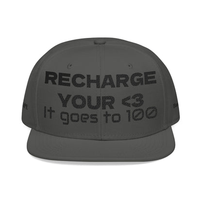 "RECHARGE YOUR <3 It Goes to 100" (Recharge your heart it goes to 100) Snapback Cap, Embroidered Hat, Casual Streetwear, Gift for Him/Her (Many color variants)