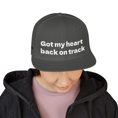 White Font "Got my heart back on track" Snapback Cap, Embroidered Hat, Casual Streetwear, (Many color variants)