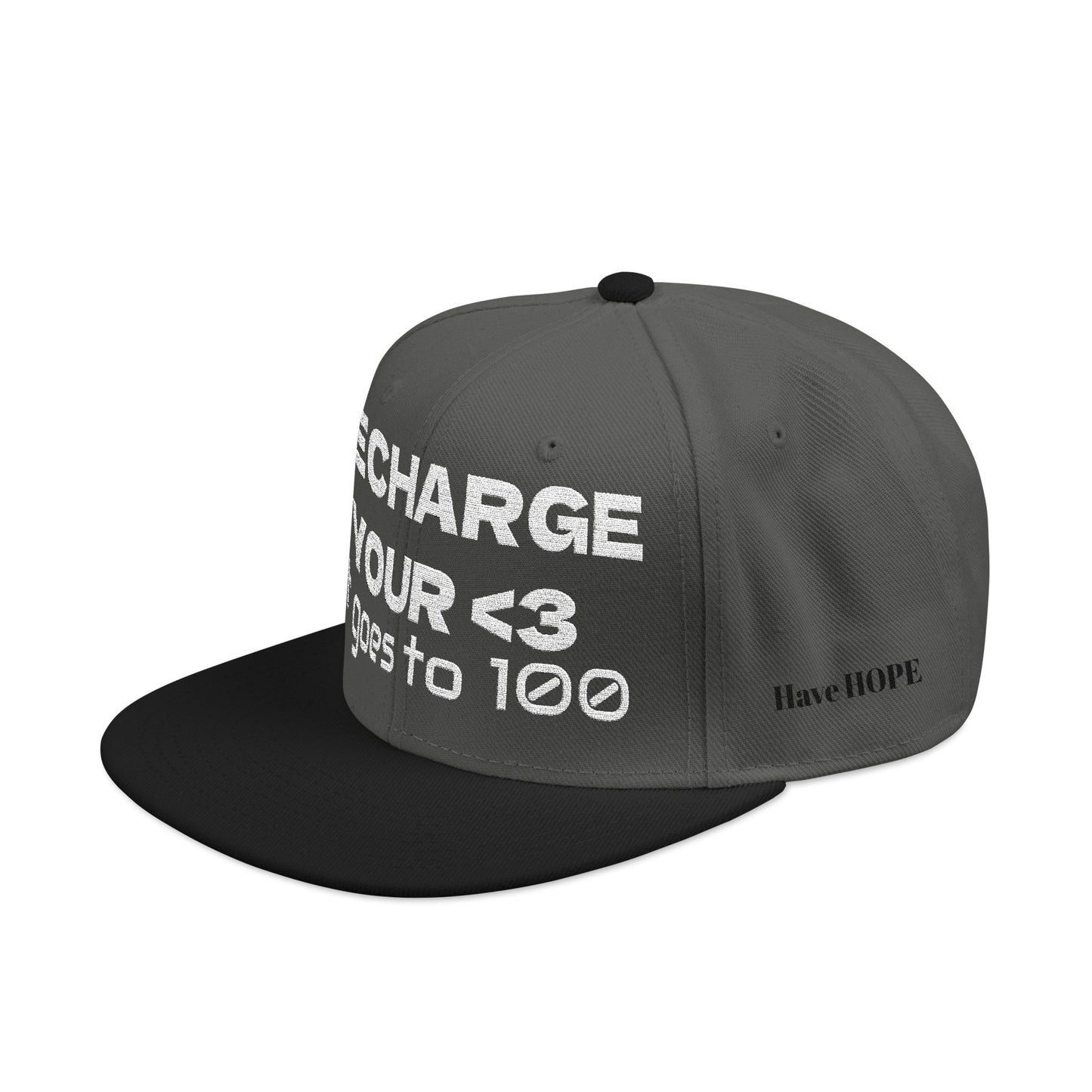 White Font "RECHARGE YOUR <3 It Goes to 100" (Recharge your heart it goes to 100) Snapback Cap, Embroidered Hat, Casual Streetwear, Gift for Him/Her (Many color variants)