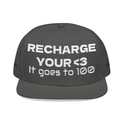 White Font "RECHARGE YOUR <3 It Goes to 100" (Recharge your heart it goes to 100) Snapback Cap, Embroidered Hat, Casual Streetwear, Gift for Him/Her (Many color variants)