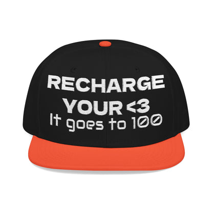 White Font "RECHARGE YOUR <3 It Goes to 100" (Recharge your heart it goes to 100) Snapback Cap, Embroidered Hat, Casual Streetwear, Gift for Him/Her (Many color variants)