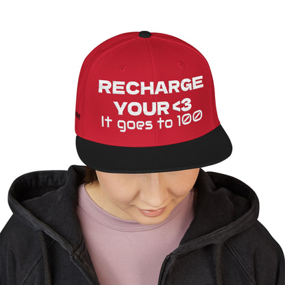 White Font "RECHARGE YOUR <3 It Goes to 100" (Recharge your heart it goes to 100) Snapback Cap, Embroidered Hat, Casual Streetwear, Gift for Him/Her (Many color variants)