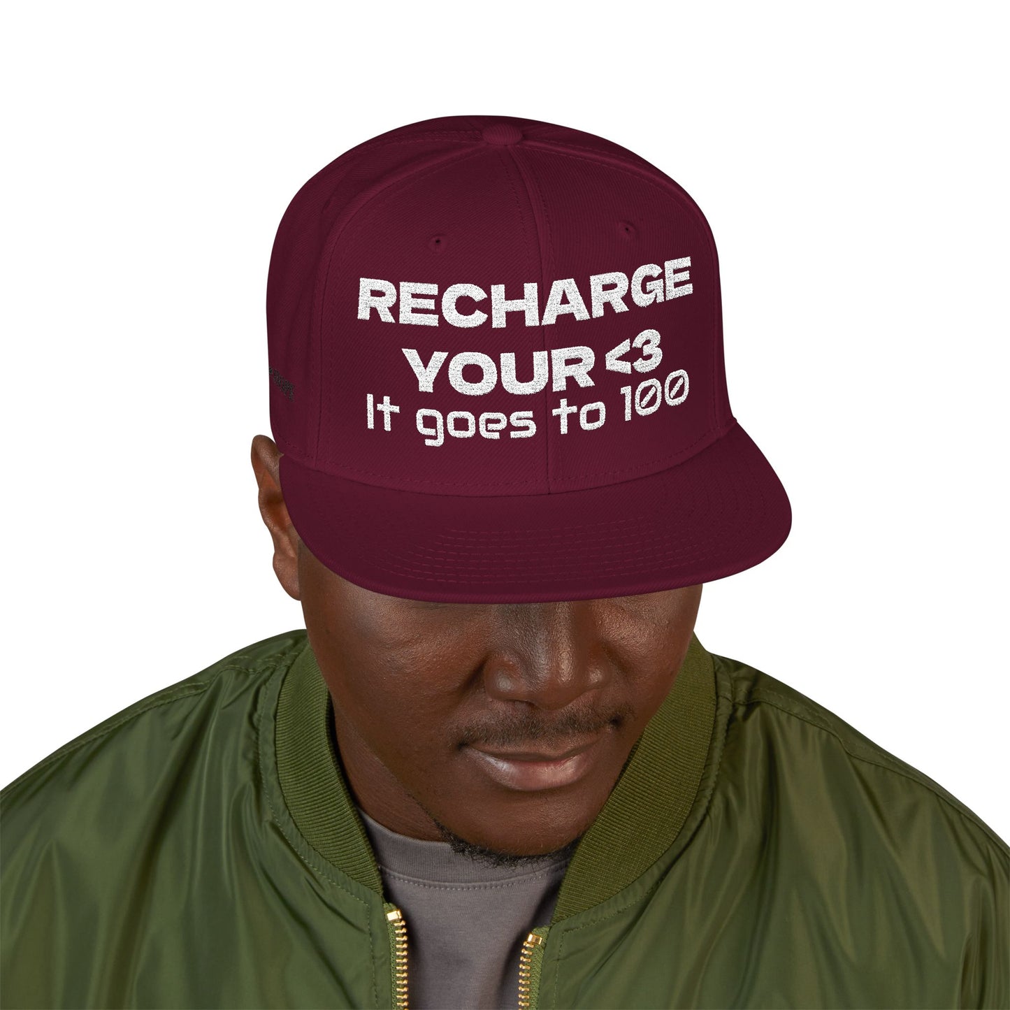 White Font "RECHARGE YOUR <3 It Goes to 100" (Recharge your heart it goes to 100) Snapback Cap, Embroidered Hat, Casual Streetwear, Gift for Him/Her (Many color variants)