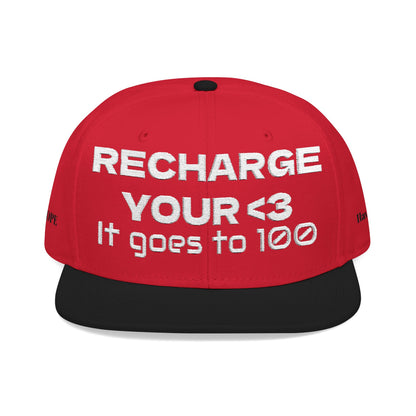 White Font "RECHARGE YOUR <3 It Goes to 100" (Recharge your heart it goes to 100) Snapback Cap, Embroidered Hat, Casual Streetwear, Gift for Him/Her (Many color variants)