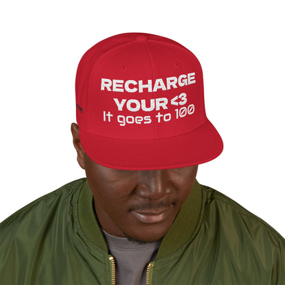 White Font "RECHARGE YOUR <3 It Goes to 100" (Recharge your heart it goes to 100) Snapback Cap, Embroidered Hat, Casual Streetwear, Gift for Him/Her (Many color variants)